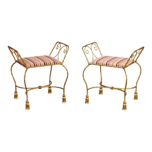 1970s Italian Hollywood Regency Gilt Metal Rope Twist Benches - A Pair