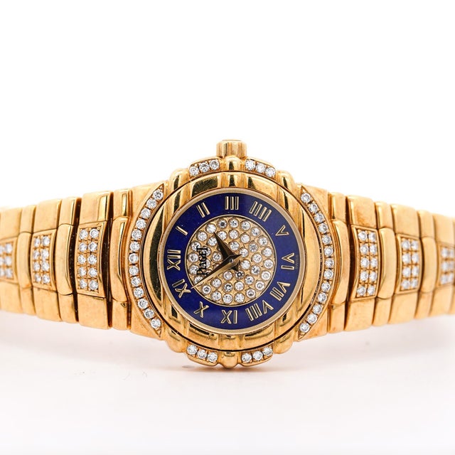 Metal 1980s Piaget Tanagra Lapis Lazuli Diamond 18k Gold Bracelet Vintage Watch Full Set For Sale - Image 7 of 9