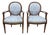 Pair of Louis XVI Style Fauteuils Carved Walnut Arm Chairs Blue White Damask Floral For Sale