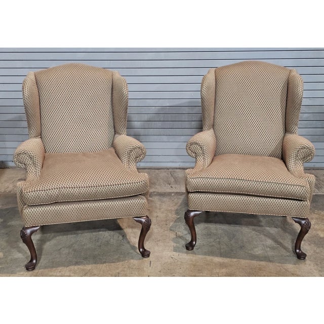 Store Item: Pair of HENREDON Mahogany CUSTOM FOLIO COLLECTION WING CHAIRS Shell Knees Down Blend Description: Chairs...