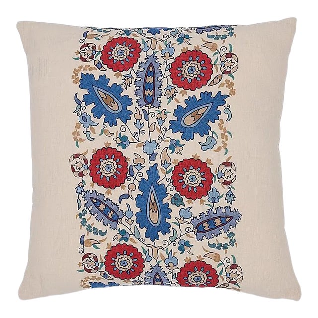 Schumacher Antolia Embroidery 20" Pillow in Red & Bue For Sale