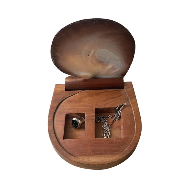 1970s Shell Hinge Lidded Walnut Wood Box Attributed to Alexandre Noll For Sale - Image 4 of 7
