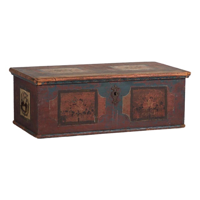 Antique Red Trunk with Floral Decor, 1920s For Sale