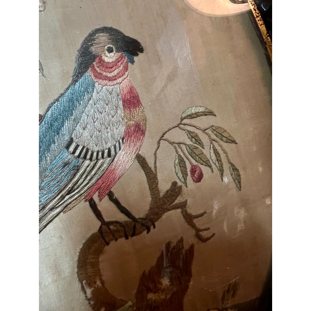 Traditional Antique Georgian Silk Embroidery Exotic Bird Painting in Verre Eglomise Gilt Frame For Sale - Image 3 of 14