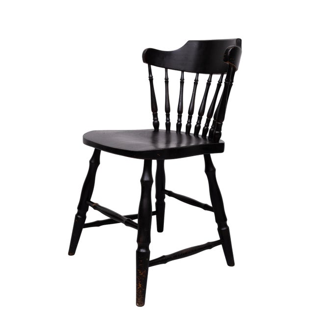 Wood Vintage Windsor Style Spindle-Back Dining Chairs in Black Oak, 1960, Set of 6 For Sale - Image 7 of 12