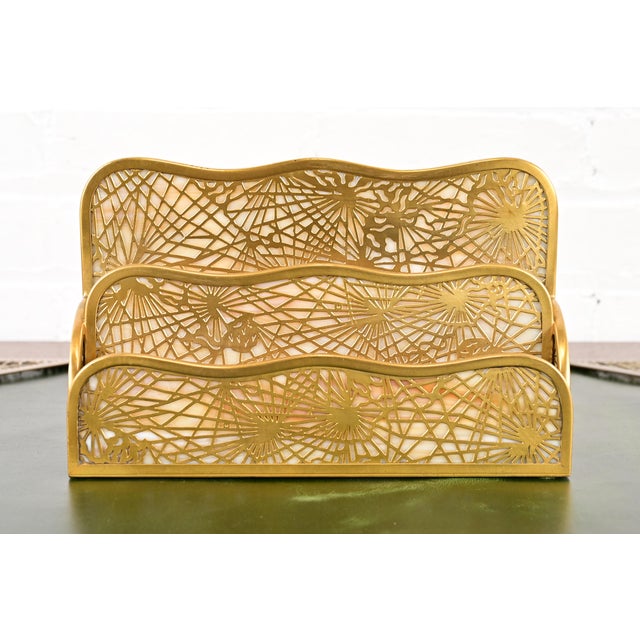 Art Deco Tiffany Studios New York Pine Needle Bronze Doré and Favrile Slag Glass Letter Rack For Sale - Image 3 of 11