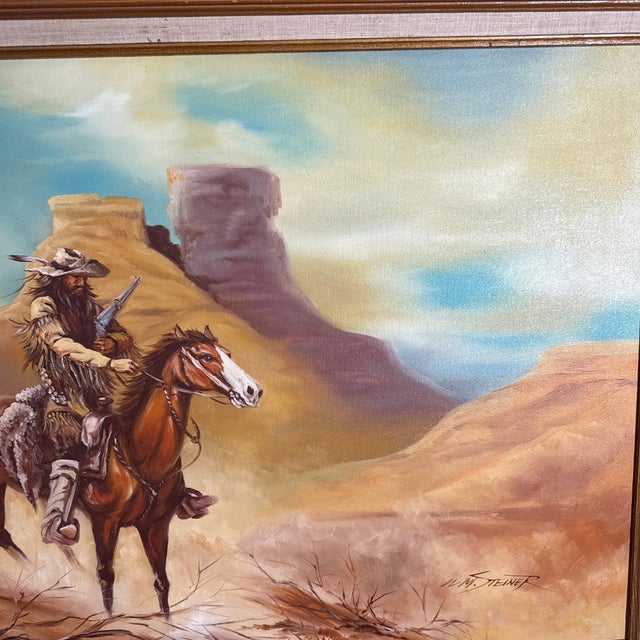 Vintage Western Cowboy Desert Landscape Painting Framed ~ Signed w.m. Steiner For Sale - Image 4 of 10