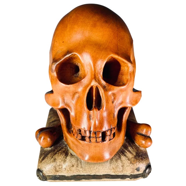 Memento Mori Wooden Sculpture of a Skull For Sale