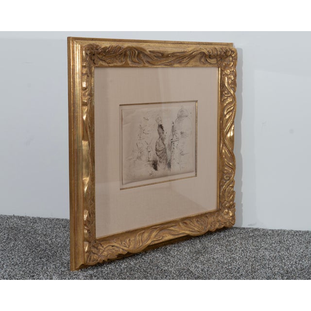 French Provincial Mid 19th Century Original Henry Somm, Surprise, Graphite on Paper, Genuine 22k Gold Leaf, Museum Quality Gilded Frame. For Sale - Image 3 of 6