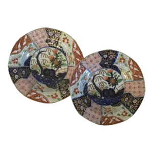1805 Coalport Porcelain Imari Soup Bowl Plates in Rock & Tree Pattern - A Pair