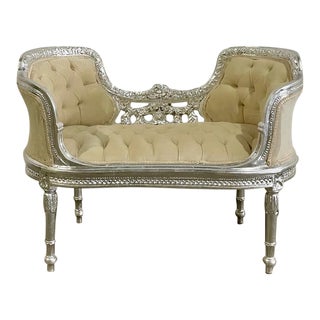 French Rococo Style Silver Leaf Beige Velvet Bench For Sale