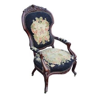 Antique Quality Carved Mahogany Victorian Era Needlepoint Parlor Chair, C1870 For Sale