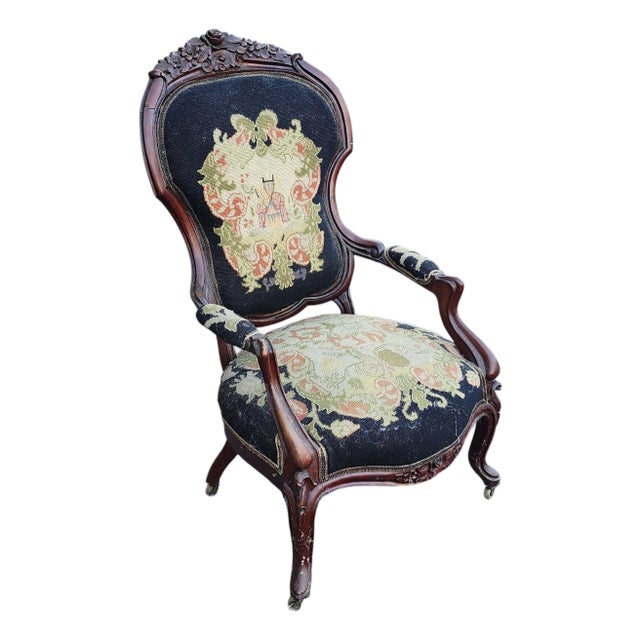 Antique Quality Carved Mahogany Victorian Era Needlepoint Parlor Chair, C1870 For Sale