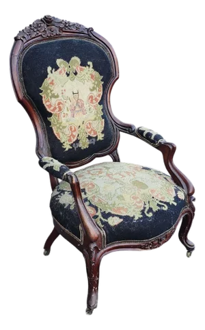 Antique Quality Carved Mahogany Victorian Era Needlepoint Parlor Chair, C1870