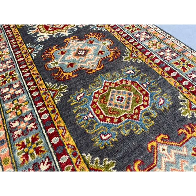 Charcoal Gray and Blue Chobi Wool Runner Rug With Tribal Medallions, 2'9" X 6'5" For Sale - Image 9 of 16