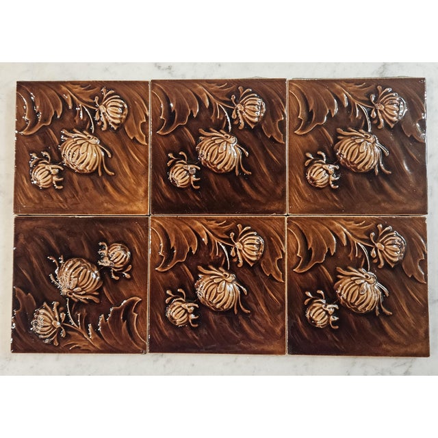 6 Stunning Embossed Chrysanthemum Tiles For Sale - Image 12 of 12