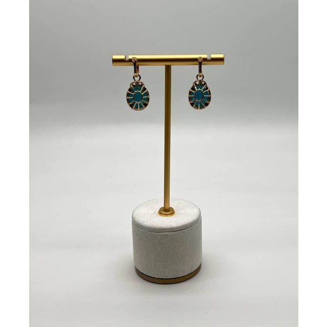 Early 21st Century Blue Teal Turquoise Diamonds Halo 14k Yellow Gold Statement Huggie Earrings, A Pair For Sale - Image 5 of 11