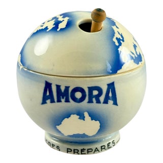 1930s Amora Mustard World Globe French Cafe Pot & Spoon For Sale