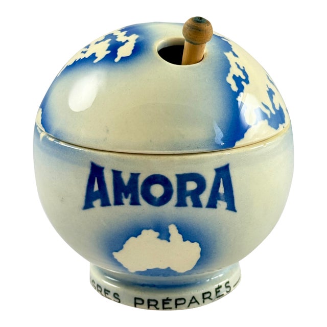 1930s Amora Mustard World Globe French Cafe Pot & Spoon For Sale