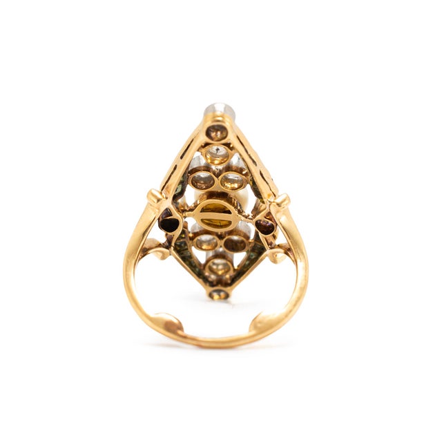 Metal Art Nouveau Platinum 18k Gold 1.77ctw Pearl Sapphire Diamond Navette Ring, Size 4.25 For Sale - Image 7 of 8