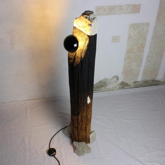 Contemporary Totem Lamp - Sculptural Wood and Stone Floor Lamp by Gabor Gobi For Sale - Image 3 of 9