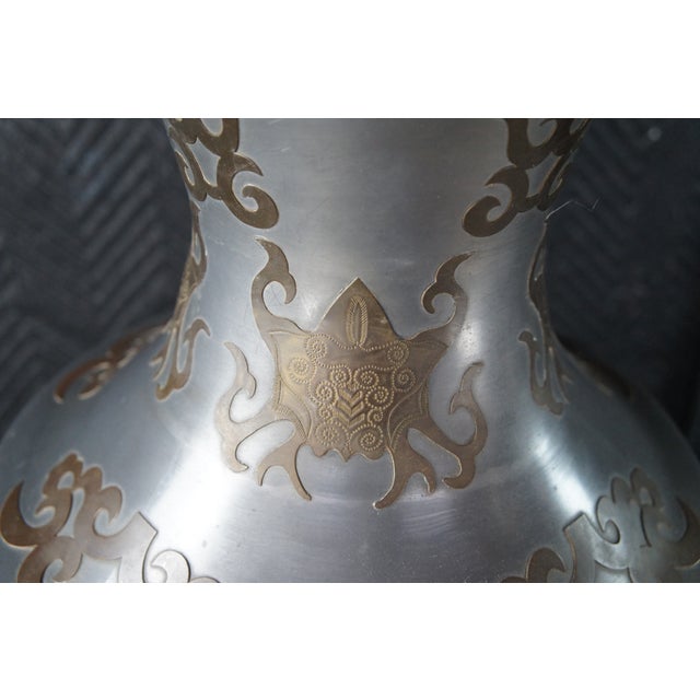 Mid 20th Century Mid Century Modern Chinese Pewter Brass Overlay Vase Urn Buffet Lamps Chinoiserie - a Pair For Sale - Image 9 of 14