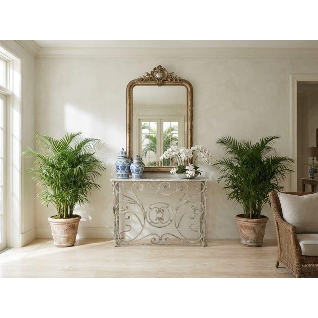 2000 - 2009 Vintage French Country Whitewashed Wrought Iron Console Table With Marble Top For Sale - Image 5 of 12