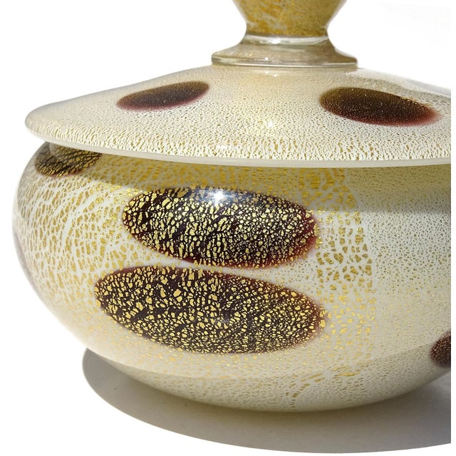 Glass Vintage Murano Barbini Gold Flecks White Black Spots Italian Art Glass Vanity Jewelry Powder Box For Sale - Image 7 of 8
