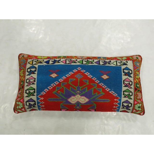 Late 20th Century Vibrant Red and Blue Large Vintage Turkish Rug Pillow For Sale - Image 5 of 5