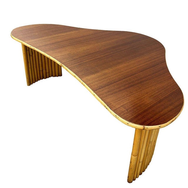 Mid-Century Modern 1950s Restored Biomorphic Mahogany Coffee Table W/ Stacked Rattan Legs For Sale - Image 3 of 5