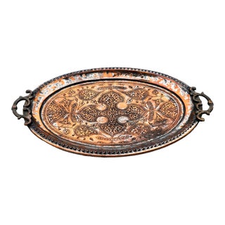 19th Century Middle Eastern Hand-Etched Silver Plated Copper Tray With Handles For Sale