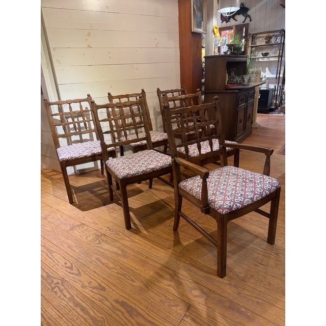 Mid 20th Century Set of 6 Vintage Fretwork Dining Chairs. (5 Side Chairs and 1 Arm Chair) For Sale - Image 5 of 12