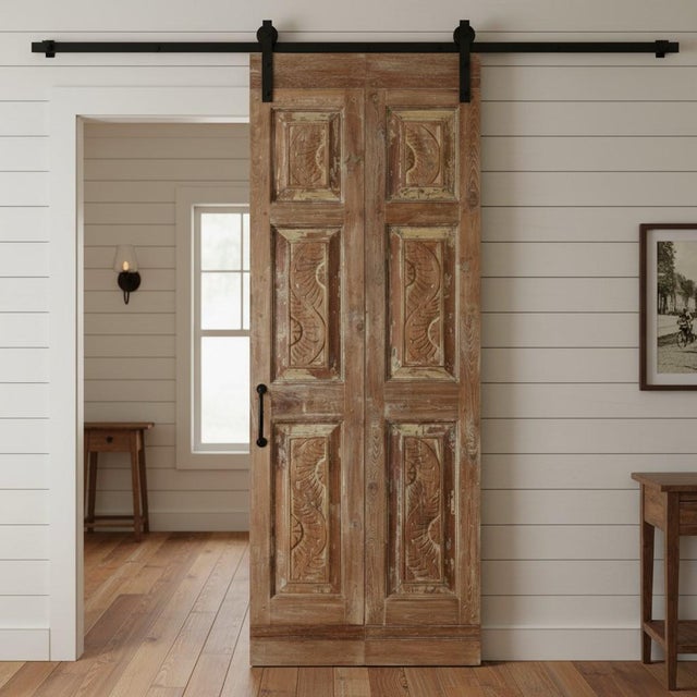 1920s Antique Carved Wood French Doors – Rustic Modern Double Doors 80x29 For Sale - Image 5 of 5