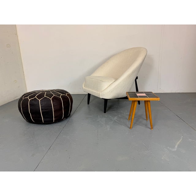 Mid-Century Embroidered Brown Leather Pouf For Sale - Image 4 of 9