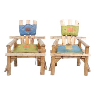 Primitive Adirondack Captain's Chairs - Pair With Woven Geometric Cushions For Sale