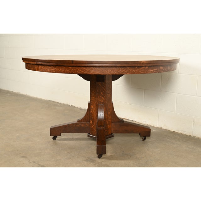 Charles Limbert Stickley Brothers Style Antique Mission Oak Arts & Crafts Pedestal Extension Dining Table, Newly Refinished For Sale - Image 4 of 13