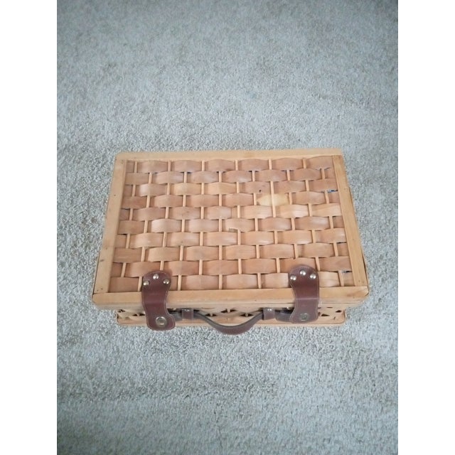 1980s Pre Owned Woven Wicker & Pine Wood Leather Strap Picnic Basket For Sale - Image 4 of 8