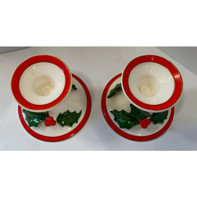 Fitz and Floyd Vintage Fitz & Floyd Poinsettia Design Candle Holders - a Pair For Sale - Image 4 of 5