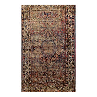 19th Century Persian Kashan Rug, Hand-Knotted Wool, Medallion Floral Design, Red & Navy, 4x7 For Sale