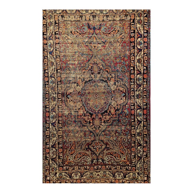 19th Century Persian Kashan Rug, Hand-Knotted Wool, Medallion Floral Design, Red & Navy, 4x7 For Sale