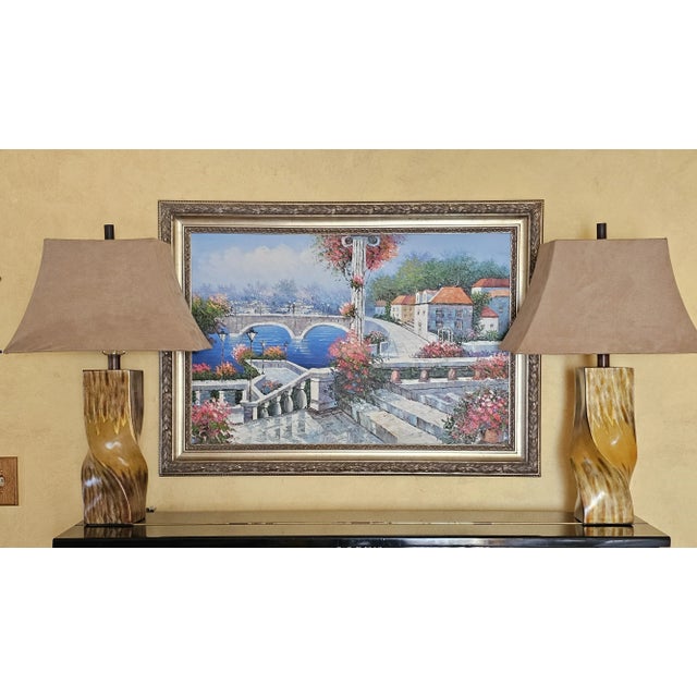 Beige Mid-Century Modern Style Twisted Wood Look Table Lamps With Suede Lamp Shades - a Pair For Sale - Image 8 of 12