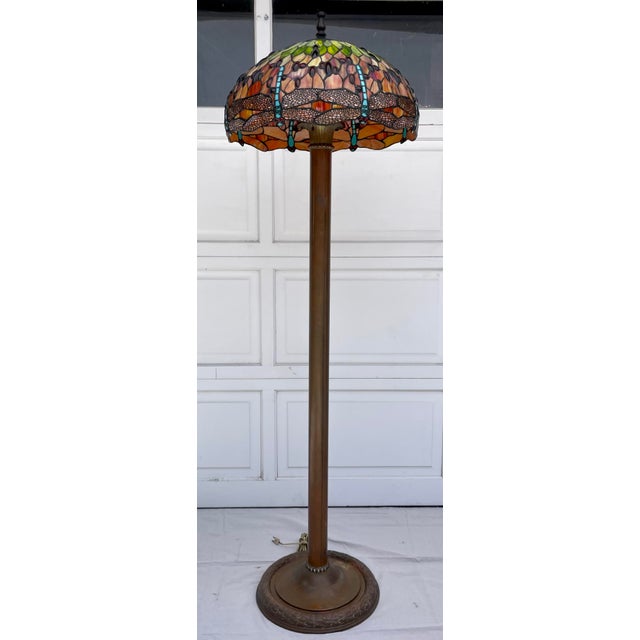 Early 20th Century Early 20th Century Copper Floor Lamp With Tiffany-Style Dragonfly Stained Glass Shade For Sale - Image 5 of 12