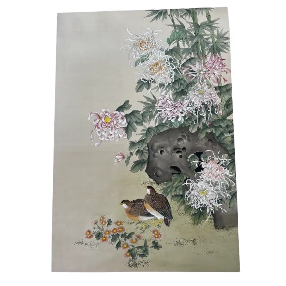 34” x 23” hand-painted silk panel // pair of quail and Chinese chrysanthemums with silk brocade border // vintage artwork // Chinoiserie For Sale