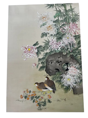 34” x 23” hand-painted silk panel // pair of quail and Chinese chrysanthemums with silk brocade border // vintage artwork // Chinoiserie