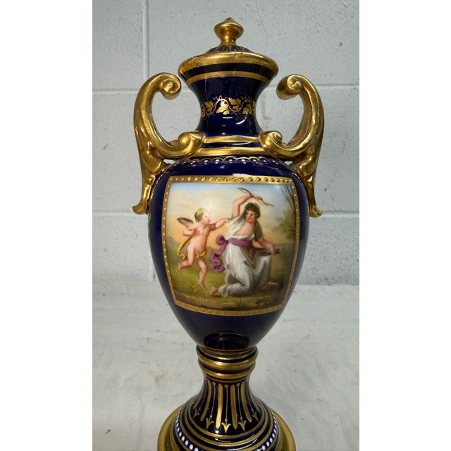 Victorian Antique Hand Painted Royal Vienna Porcelain Cobalt Gold Lidded Vase Mini Urn For Sale - Image 3 of 16