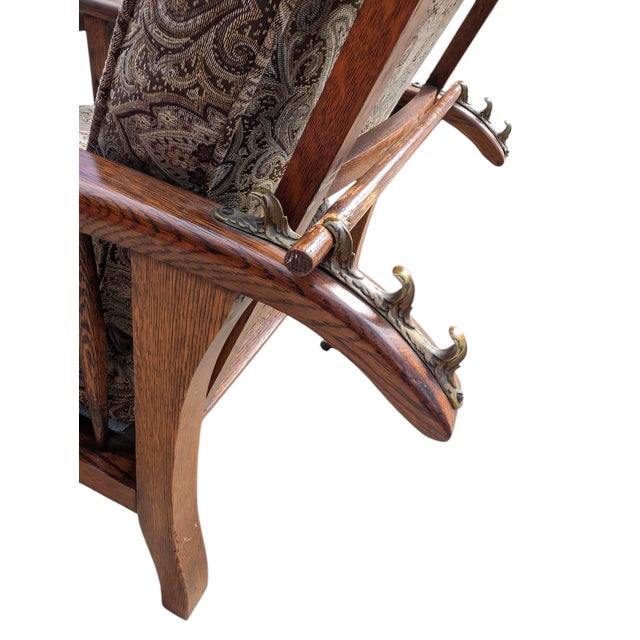 Antique Arts & Crafts Carved Oak Morris Recliner & Ottoman For Sale - Image 10 of 11