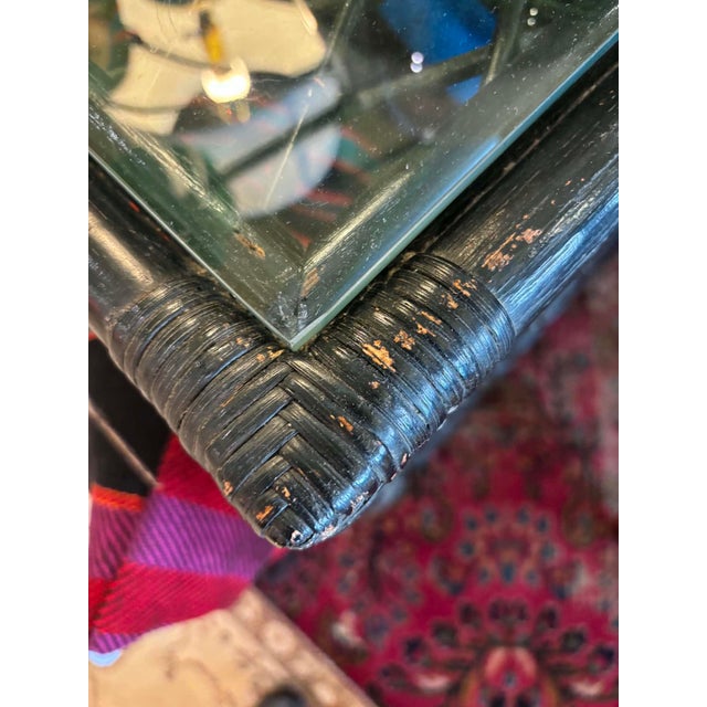 1980s Black Painted Rattan Console Table or Desk With Glass Top Inserts For Sale - Image 9 of 9