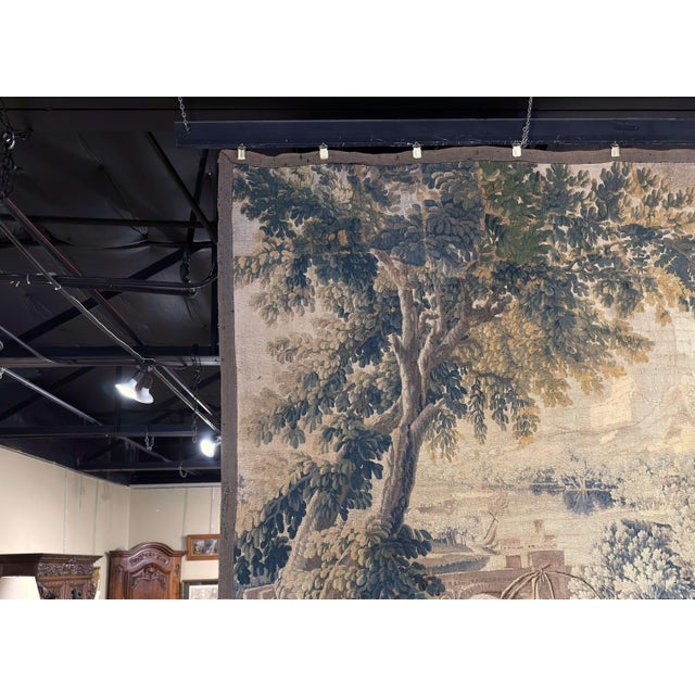 French 18th Century French Aubusson Pastoral Tapestry With Fishermen, Verdure & Castle For Sale - Image 3 of 12