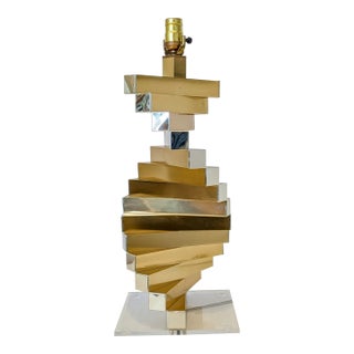 1970s Willy Rizzo Gold & Chrome Spiral Table Lamp With Acrylic Base For Sale