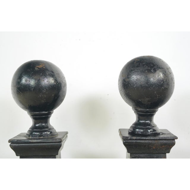 Pair of Antique Black Cast Iron Cannonball Andirons For Sale - Image 4 of 10